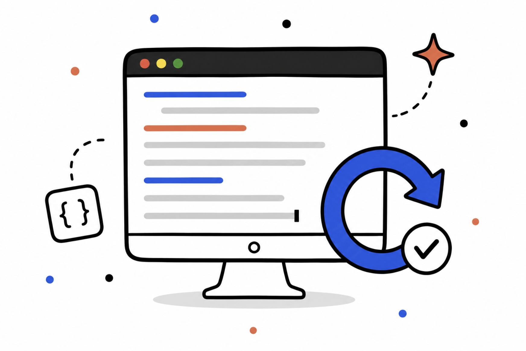 Illustration of a code editor with a loop-and-checkmark icon, representing an agent looping until verification passes